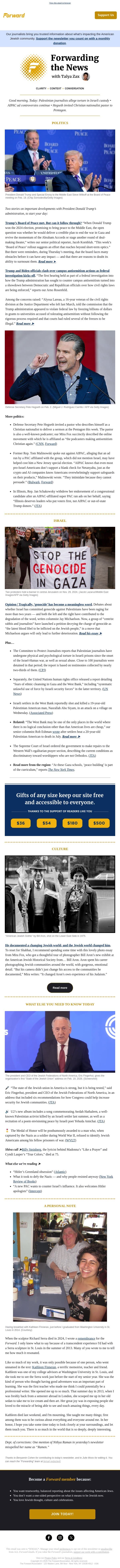 Board of Peace obstacles • Clashes over campus antisemitism amid federal investigation email from Forward screenshot