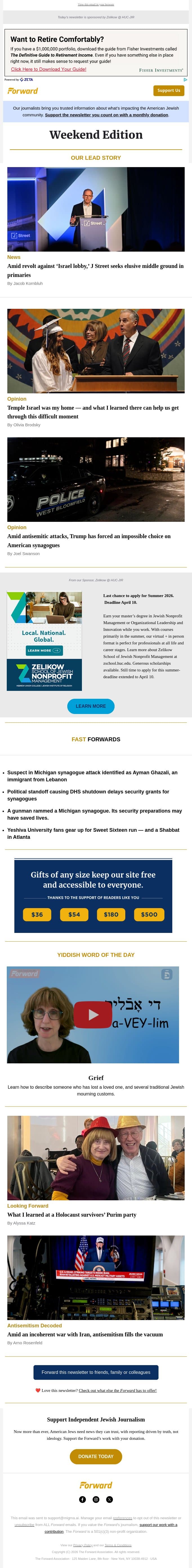 A growing revolt against the ‘Israel lobby’ • ‘Temple Israel was my home’ (Opinion) email from Forward screenshot