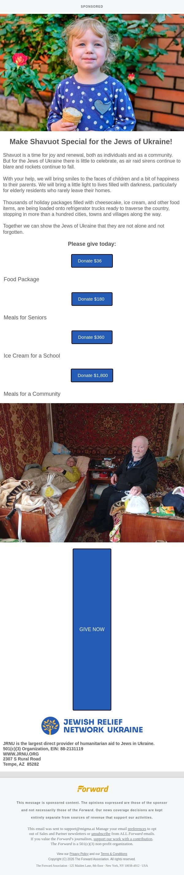 [Sponsored] Remember the Jews of Ukraine at Shavuot [Sponsored by JRNU.ORG] email from Forward screenshot