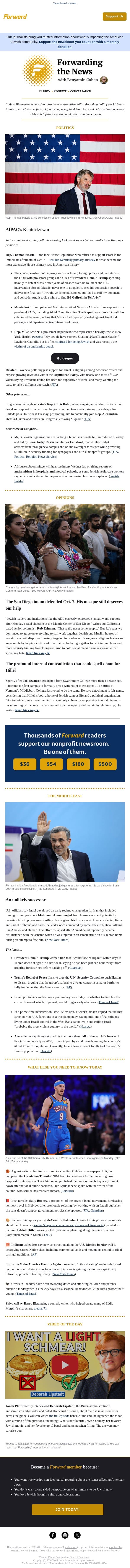 Anti-Israel Republican loses after AIPAC and allies spend record sums email from Forward screenshot