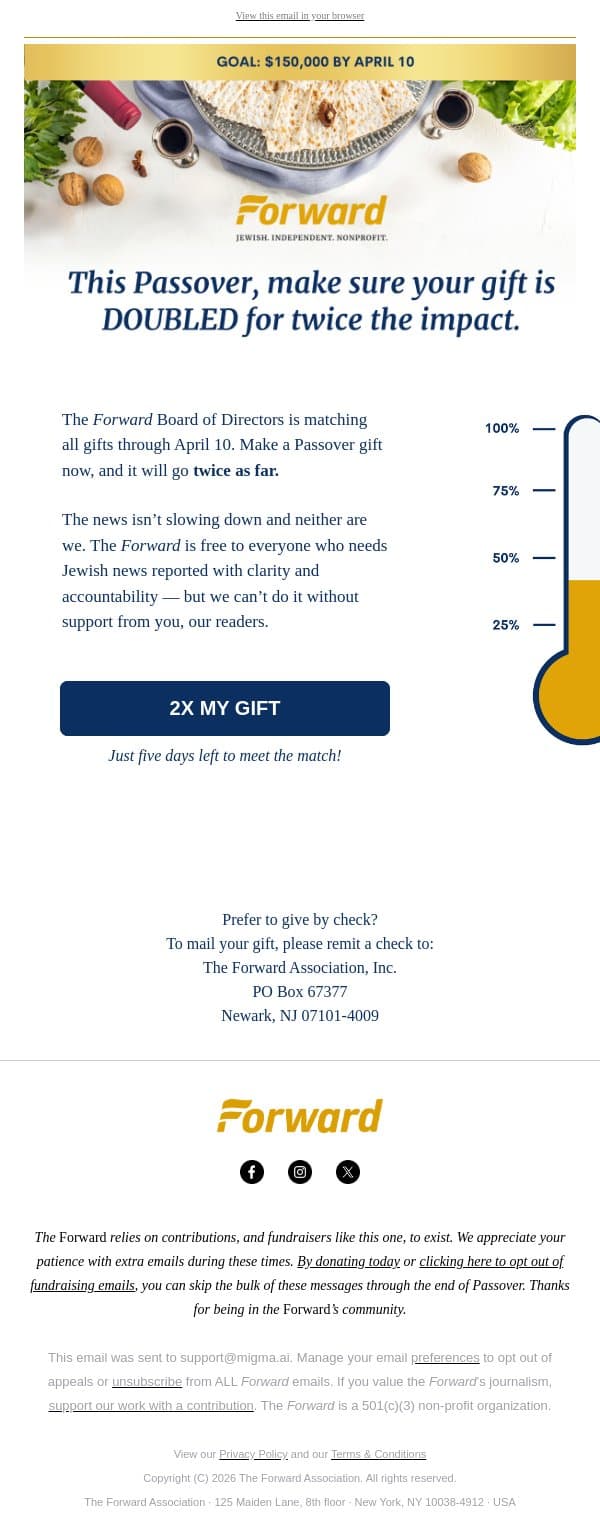 Have you made a matched gift yet? email from Forward screenshot