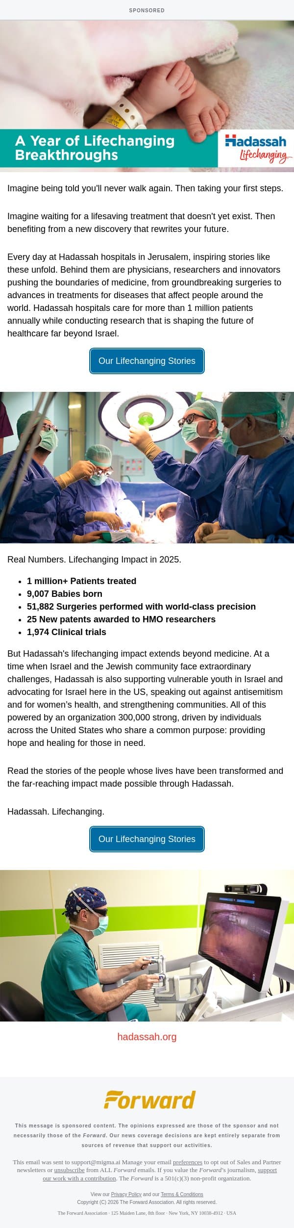 [Sponsored] A Year of Lifechanging Breakthroughs [Sponsored by Hadassah.ORG] email from Forward screenshot