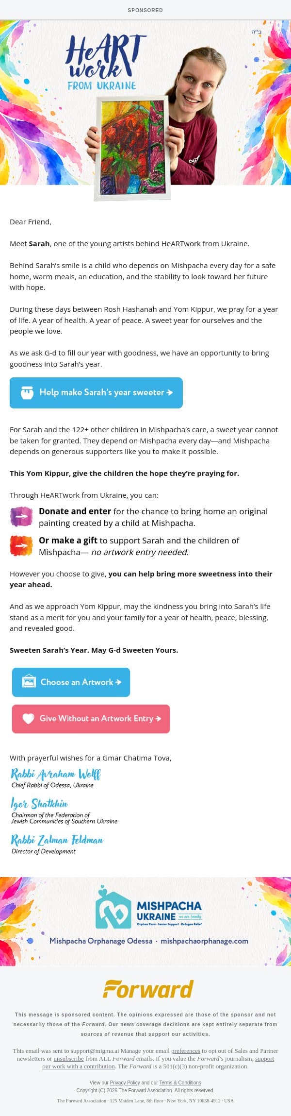 [Sponsored] 🍯 Don’t just wish for a sweet year. Give one. 💖 [Sponsored by Mishpacha Ukraine] email from Forward screenshot