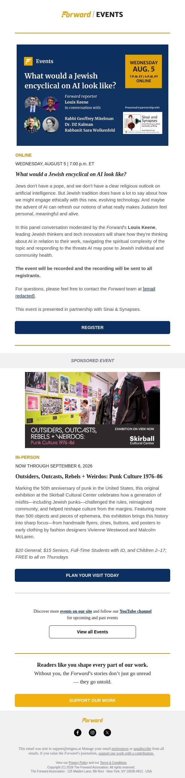 Exploring Judaism and AI & more events email from Forward screenshot