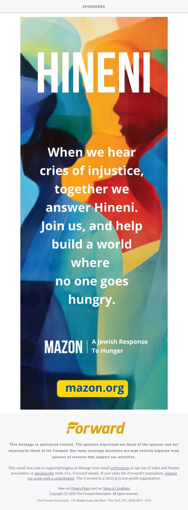 [Sponsored] Join MAZON This New Year to Build a World Where No One Goes Hungry email from Forward screenshot