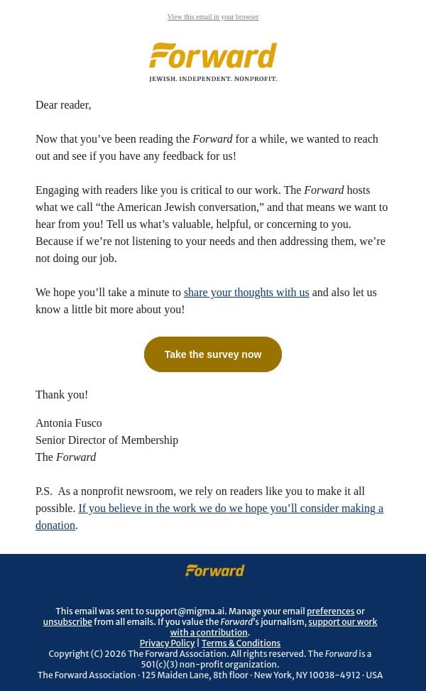 How are we doing? email from Forward screenshot
