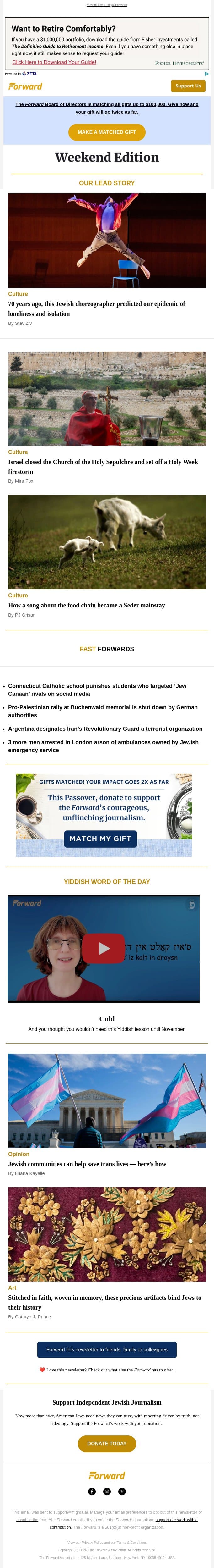 The 1955 Jewish masterpiece that predicted a 2026 epidemic • In Israel, a Holy Week firestorm • Are rabbis wrong about this Passover song? email from Forward screenshot