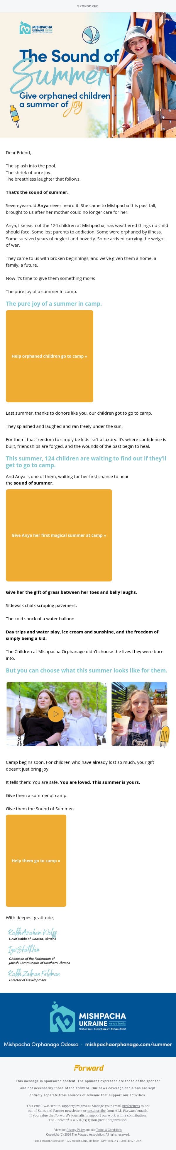 [Sponsored] Let them just be kids [Sponsored by Mishpacha Ukraine] email from Forward screenshot