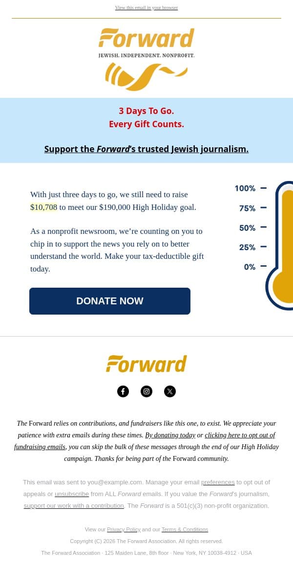$10,708 left to hit our goal email from Forward screenshot