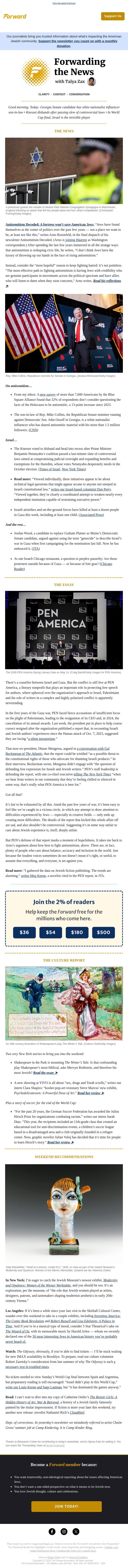 Fighting antisemitism requires allies + Why can’t the literary world write a new chapter on Jews and Israel? email from Forward screenshot