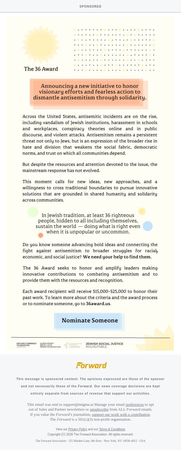 [Sponsored] Announcing Award for Combatting Antisemism with Courage and Innovation email from Forward screenshot