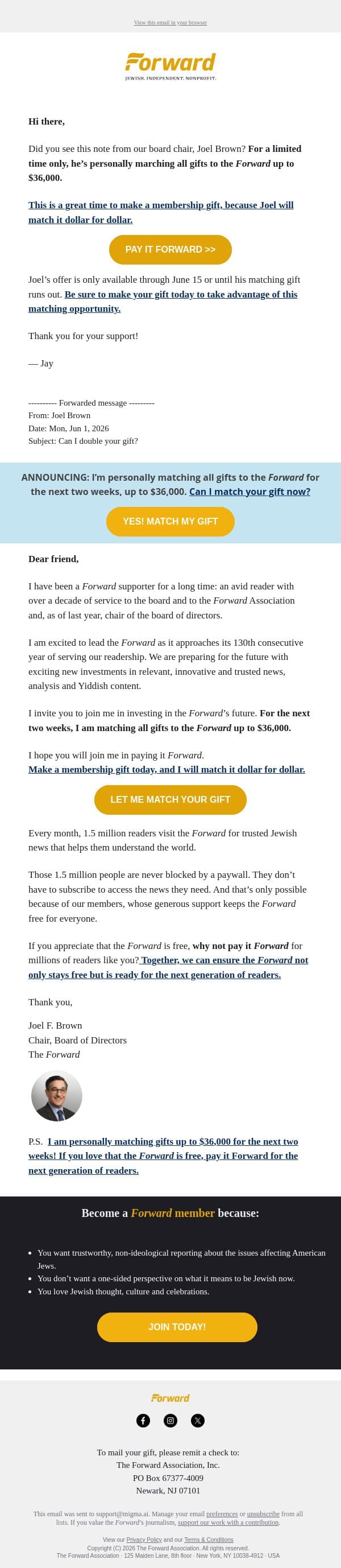 Don't miss Joel's matching offer email from Forward screenshot
