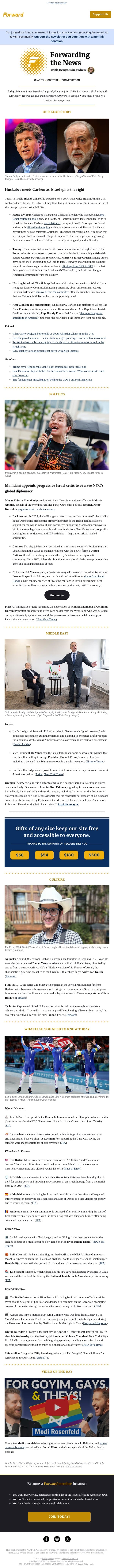 Tucker and Huckabee debate Israel as it fractures the MAGA movement email from Forward screenshot