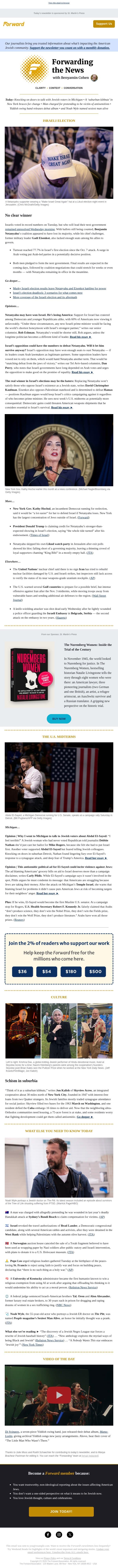 After elections, can Israel win back America? email from Forward screenshot