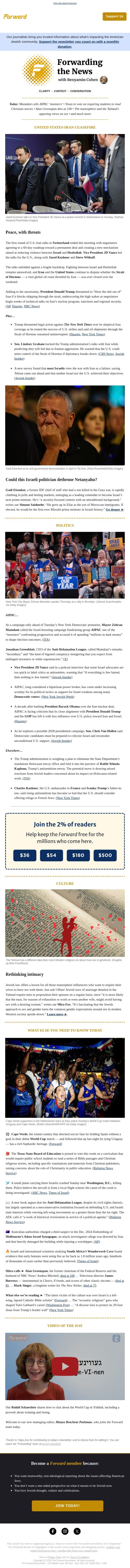 Trump threats shadow Iran talks • The World Cup team with Sephardic heritage email from Forward screenshot