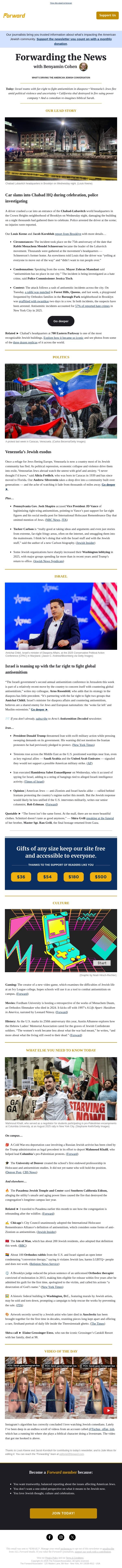 🚨 Driver rams into Chabad headquarters during mass celebration email from Forward screenshot