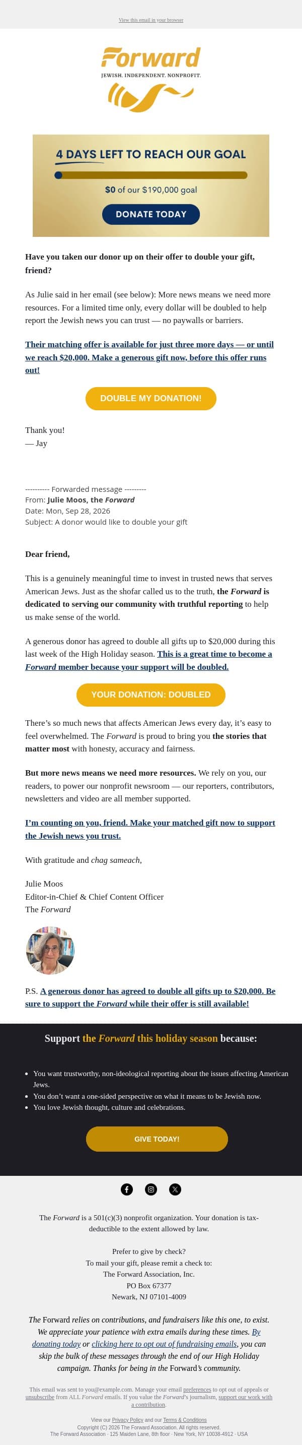 Hundreds of gifts already matched! email from Forward screenshot