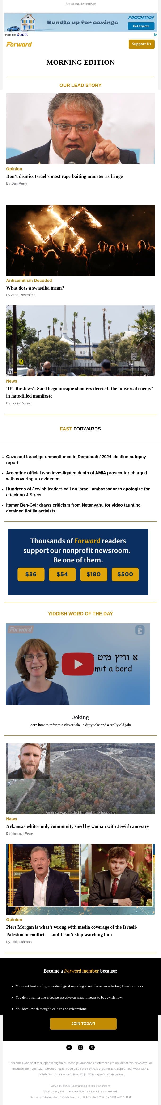 The rise of Israel’s most rage-baiting minister (Opinion) • What does a swastika mean? • Mosque attackers raged against Jews email from Forward screenshot