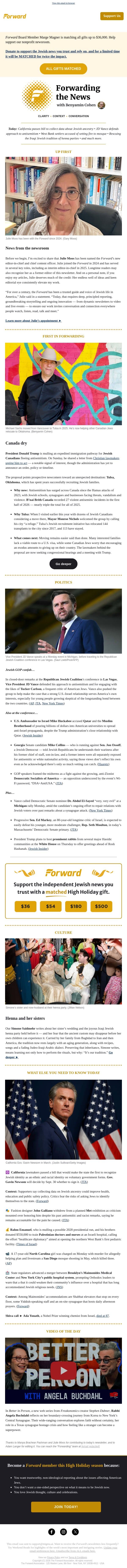 Trump open to fast-tracking Jewish Canadians’ immigration. Tulsa is ready. email from Forward screenshot