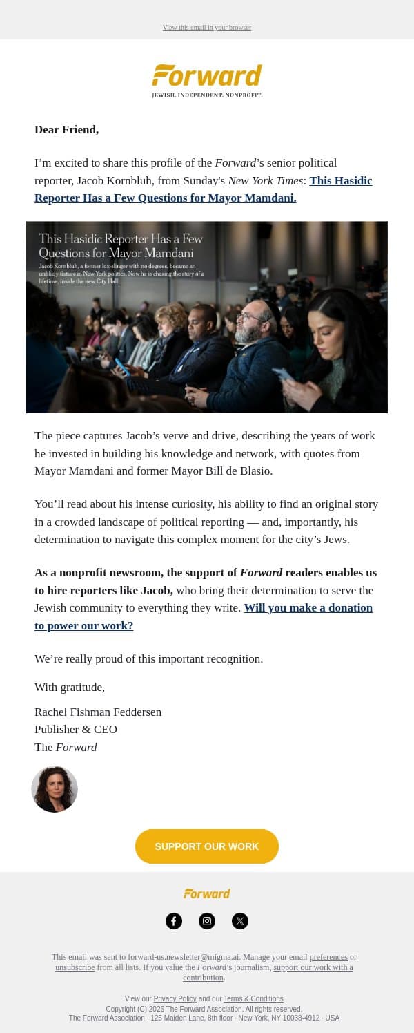 The Forward’s Jacob Kornbluh in Sunday’s New York Times email from Forward screenshot