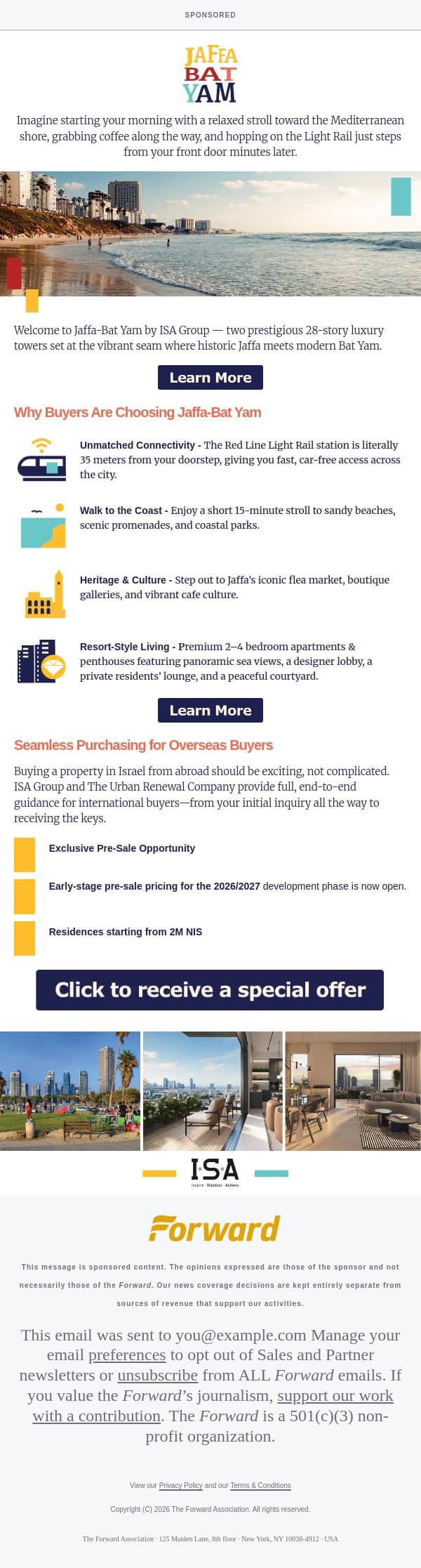 [Sponsored] High-end coastal living near Tel Aviv—Exclusive Pre-Sale Opportunity [Sponsored by ISA Real Estate] email from Forward screenshot