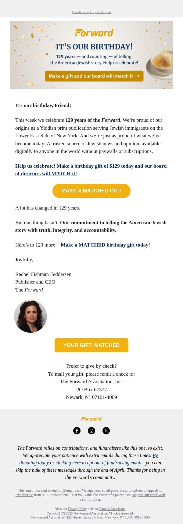 It's our birthday week! 🥳 Help us celebrate email from Forward screenshot