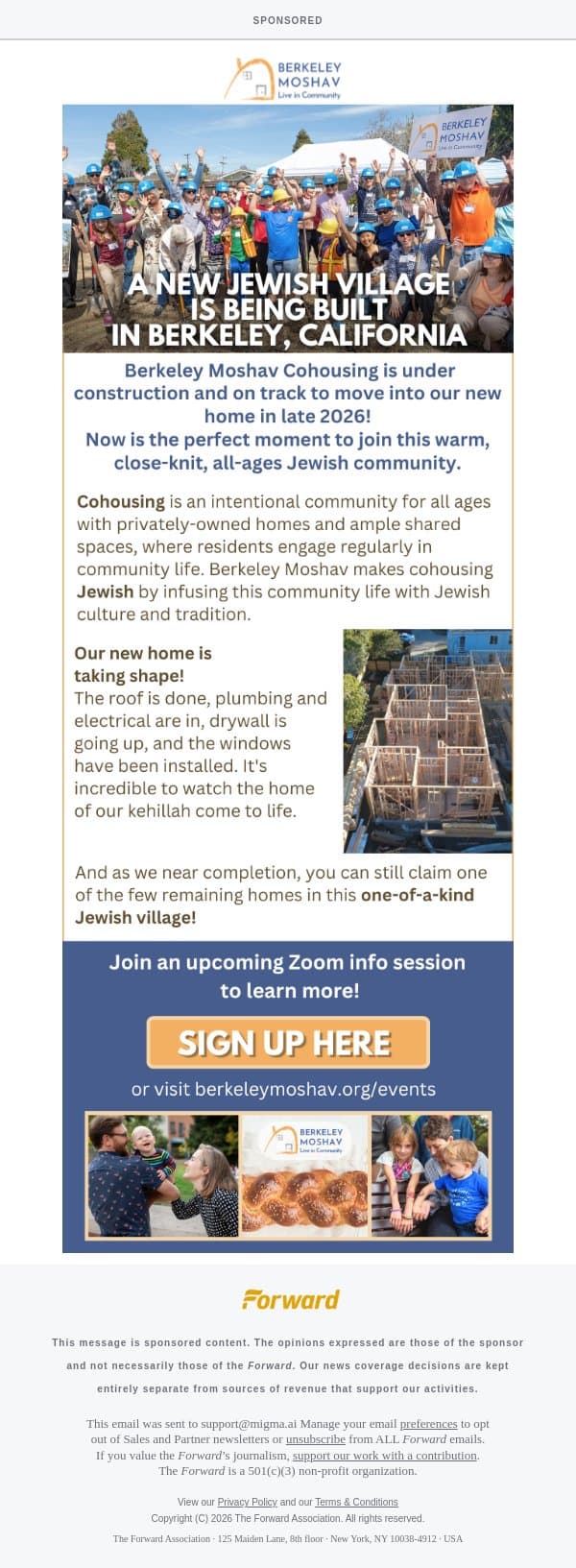 [Sponsored] Join a New Jewish Village in California [Sponsored by Berkeley Moshav] email from Forward screenshot