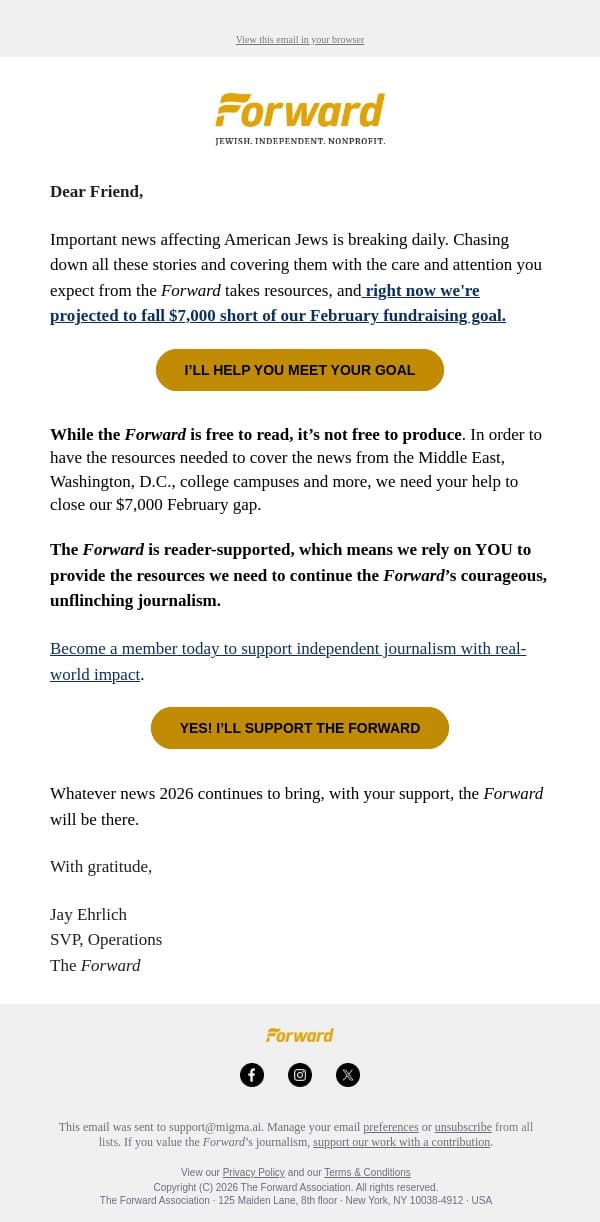 We’re $7,000 short email from Forward screenshot