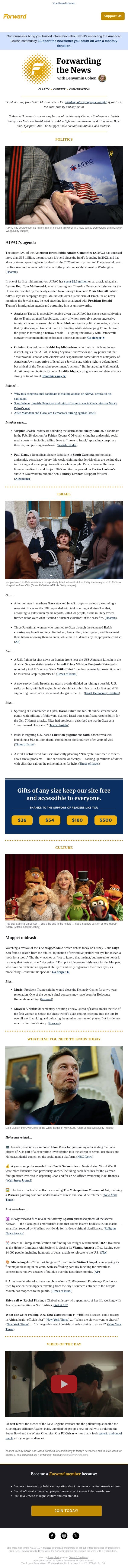 Will AIPAC’s multimillion dollar gamble pay off on Thursday? email from Forward screenshot
