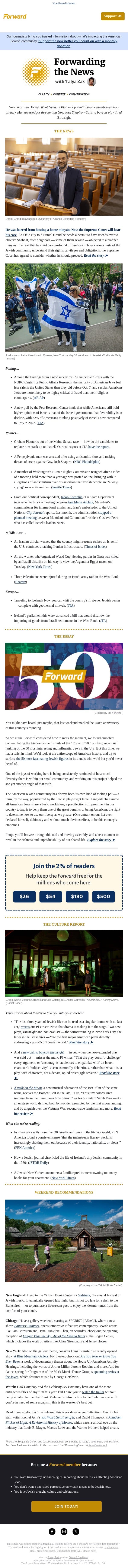 American Jews feel more unsafe since Oct. 7 + Tussle over home minyan heads to the Supreme Court email from Forward screenshot