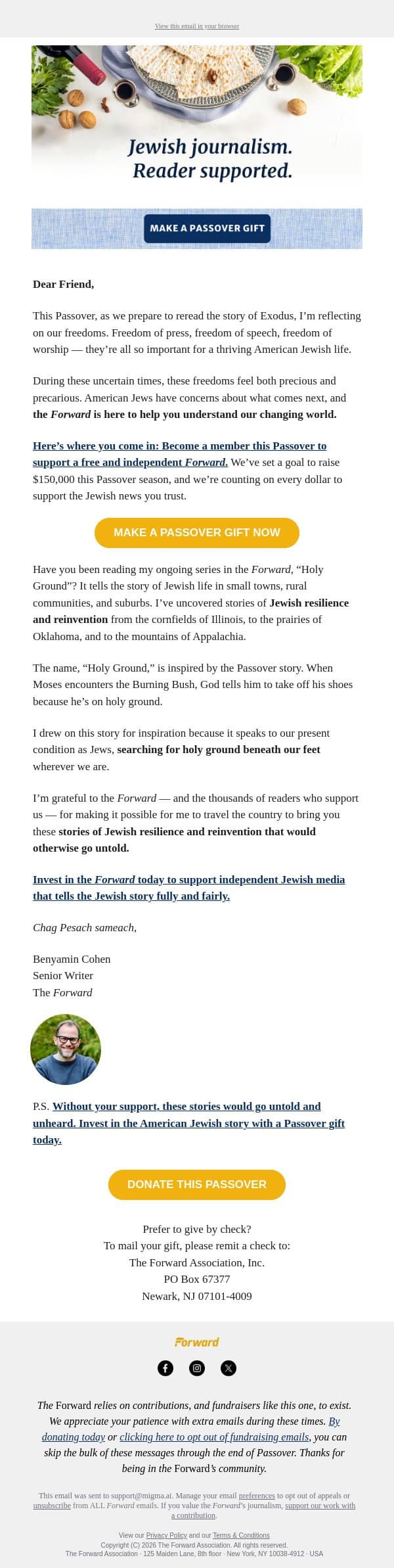 Give now and power Jewish voices email from Forward screenshot