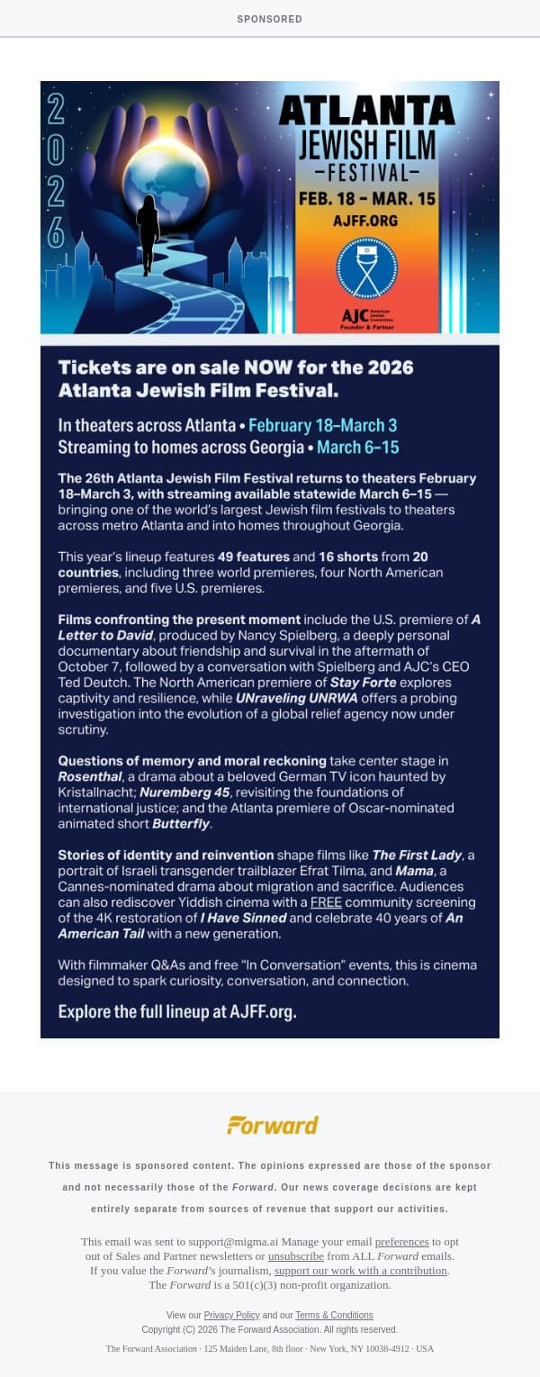 [Sponsored] Atlanta Jewish Film Festival - In Theaters and Streaming email from Forward screenshot