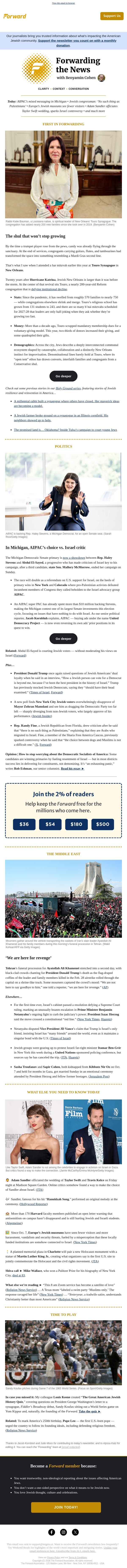 How a 198-year-old New Orleans synagogue became one of America’s fastest-growing Jewish communities email from Forward screenshot