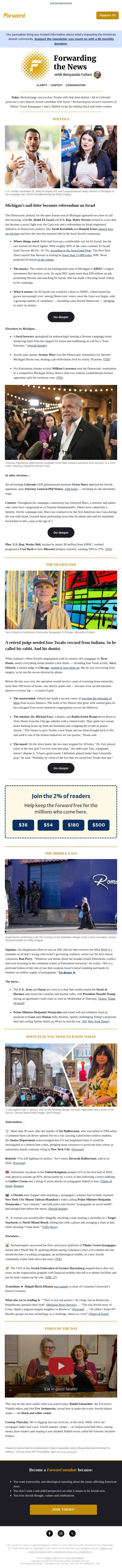 Will AIPAC’s biggest midterms bet pay off as final votes are counted in Michigan? email from Forward screenshot