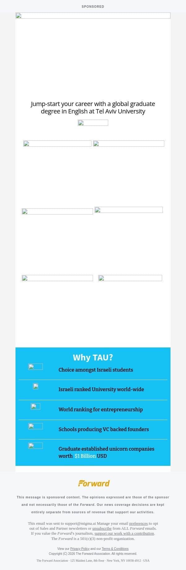 [Sponsored] Boost your global career with a graduate degree at TAU. email from Forward screenshot