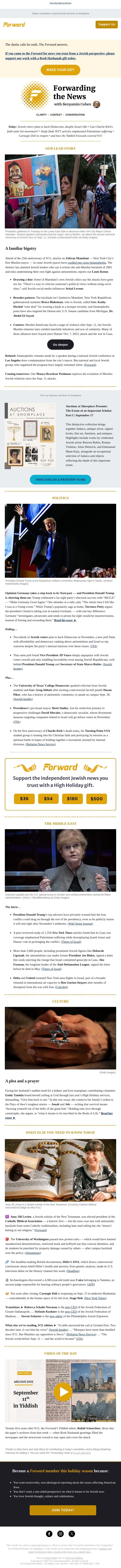 Attacks on Mamdani test Jewish efforts to confront Islamophobia as 9/11 anniversary nears email from Forward screenshot