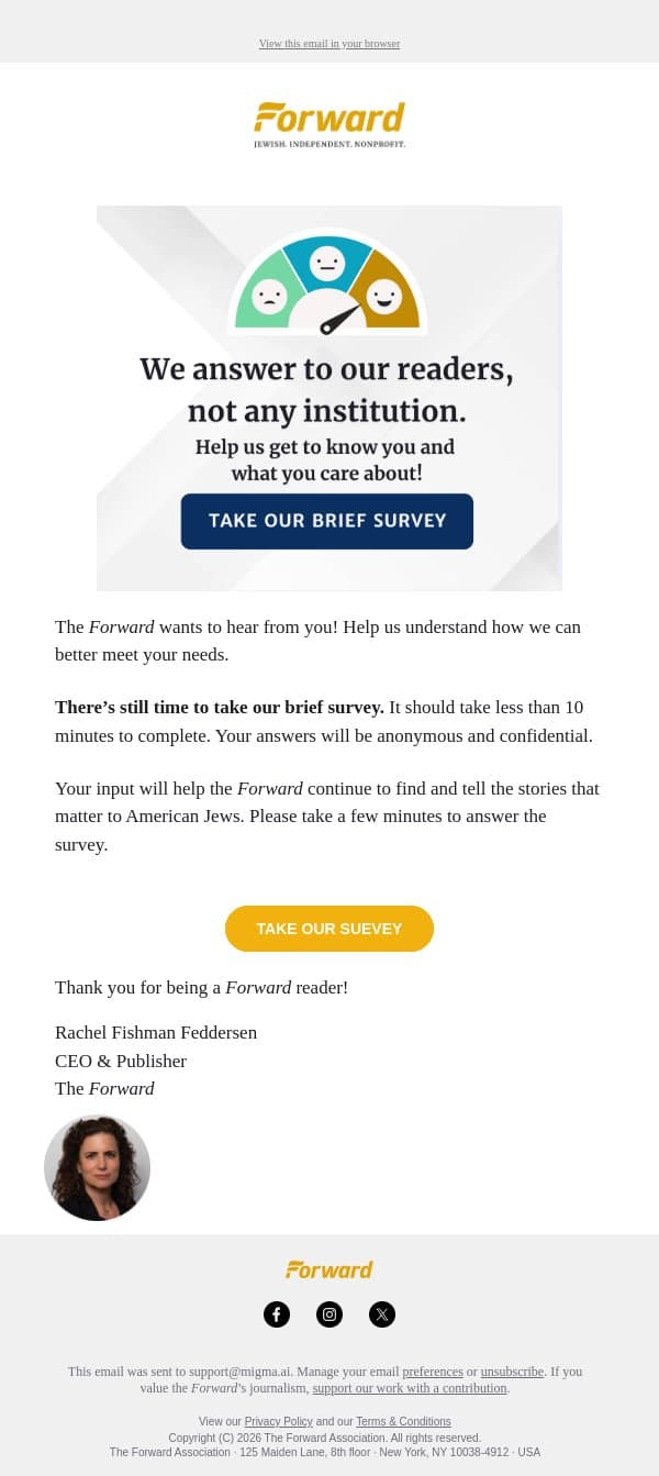 Will you take our brief survey? email from Forward screenshot