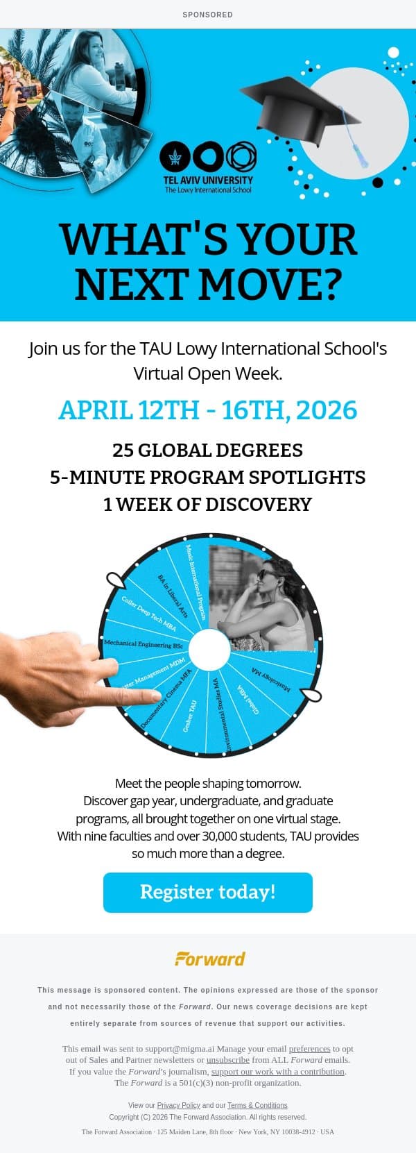 [Sponsored] Join Tel Aviv University's Virtual Open Week. [Sponsored by TAU Lowy] email from Forward screenshot