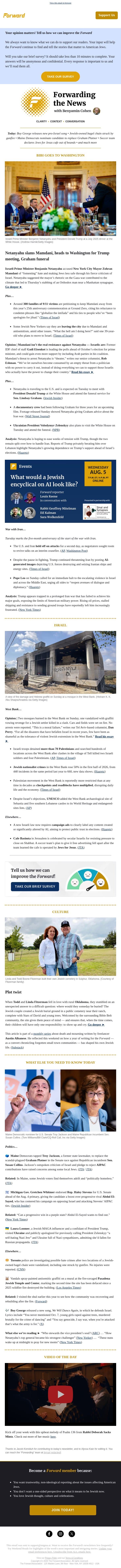 Bibi goes to D.C. • Couple builds Jewish cemetery in rural Oklahoma email from Forward screenshot