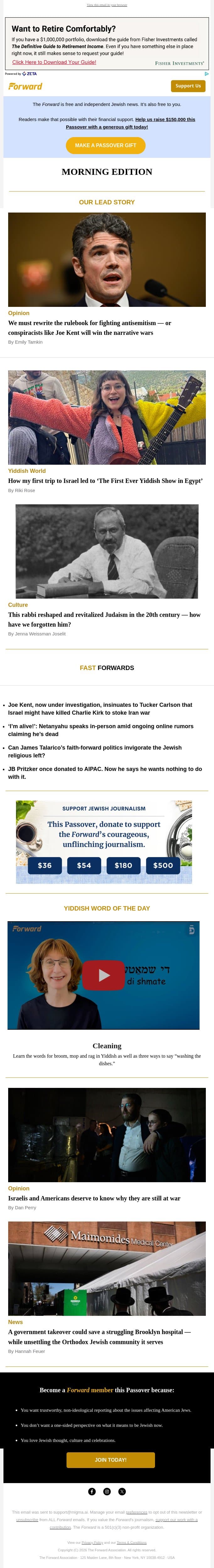 Conspiracists like Joe Kent are winning the war for American minds (Opinion) • How I ended up performing ‘the first ever Yiddish show in Egypt’ email from Forward screenshot