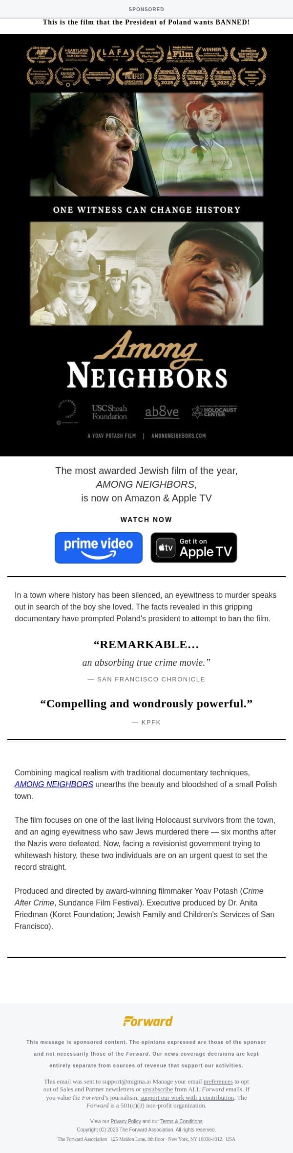 [Sponsored] The most awarded Jewish film of the year, AMONG NEIGHBORS is now on Amazon & Apple TV email from Forward screenshot