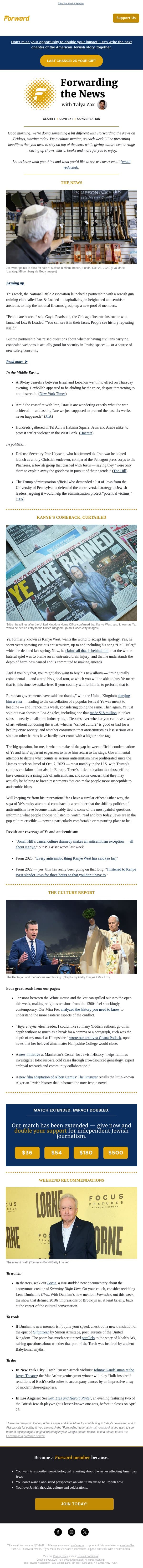 Jews are target for gun group’s growth + What to make of Kanye’s comeback email from Forward screenshot