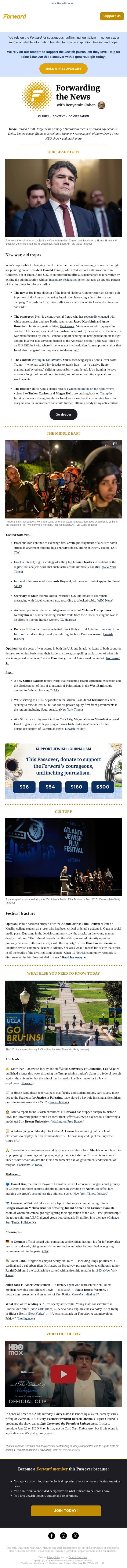 Trump official quits and blames Iran war on Israel — amplifying antisemitic conspiracy mania email from Forward screenshot