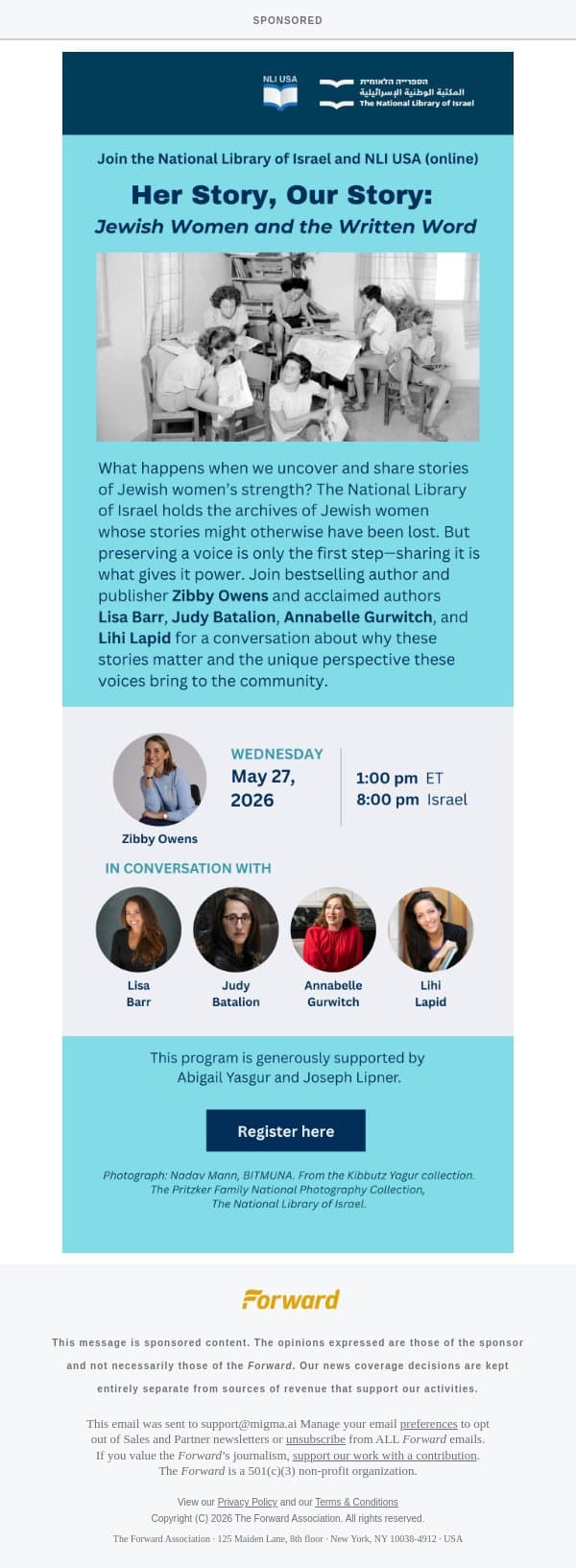 [Sponsored] Her Story, Our Story: May 27 at 1:00pm ET (online) [Sponsored by NLI USA] email from Forward screenshot