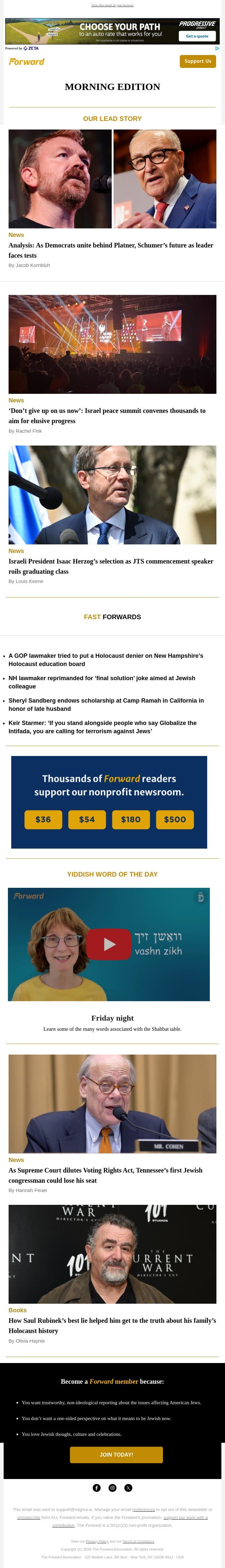 Analysis: A new threat to Schumer’s leadership • Israel peace summit plea: ‘Don’t give up on us now’ • Commencement controversy at Jewish seminary email from Forward screenshot