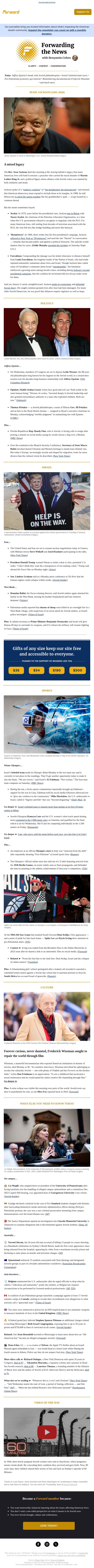 Jesse Jackson’s complex relationship with American Jews email from Forward screenshot