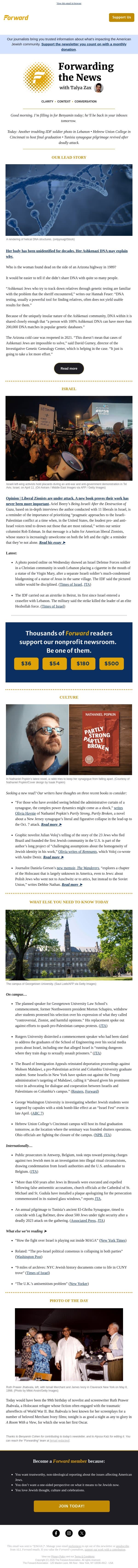 Jewish DNA thwarts cold-case murder investigation • Commencement speaker chaos email from Forward screenshot