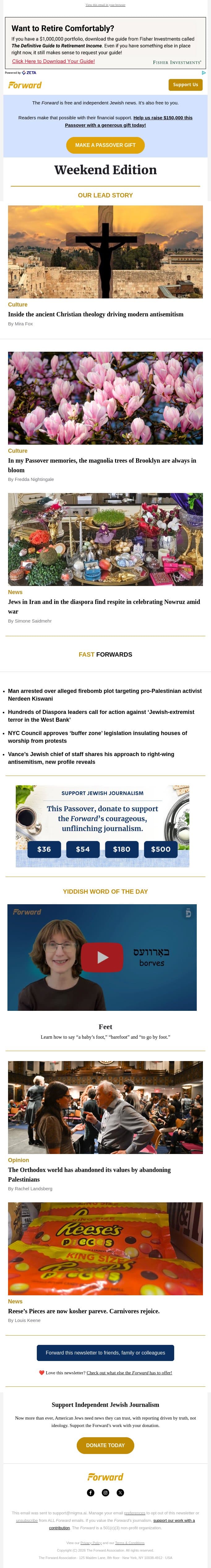 The old Christian idea driving new waves of antisemitism • When Passover smelled like Brooklyn magnolias • For Jews in Iran, Nowruz brings respite email from Forward screenshot