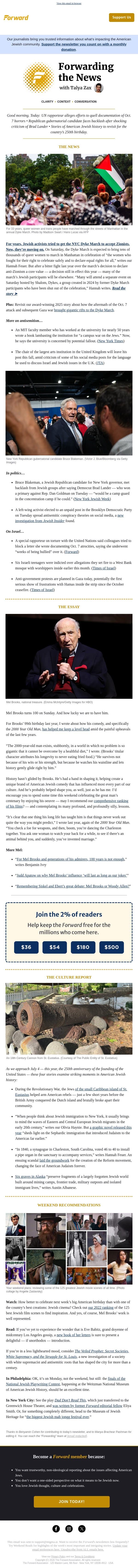 Jewish women leave Dyke March over anti-Zionism • Happy 100th birthday, Mel Brooks! email from Forward screenshot