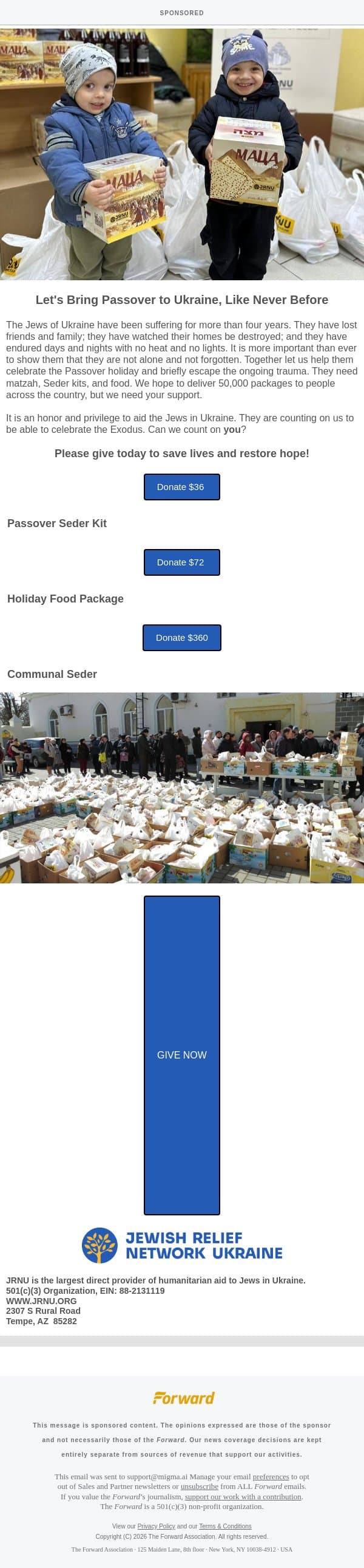 [Sponsored] The Jews of Ukraine Need Your Help Today [Sponsored by Jewish Relief Network Ukraine] email from Forward screenshot